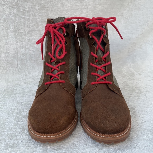 Toms Nolita Brown Suede Olive Green Canvas Hot Pink Lace Up Lug Soles Boots - Picture 2 of 10